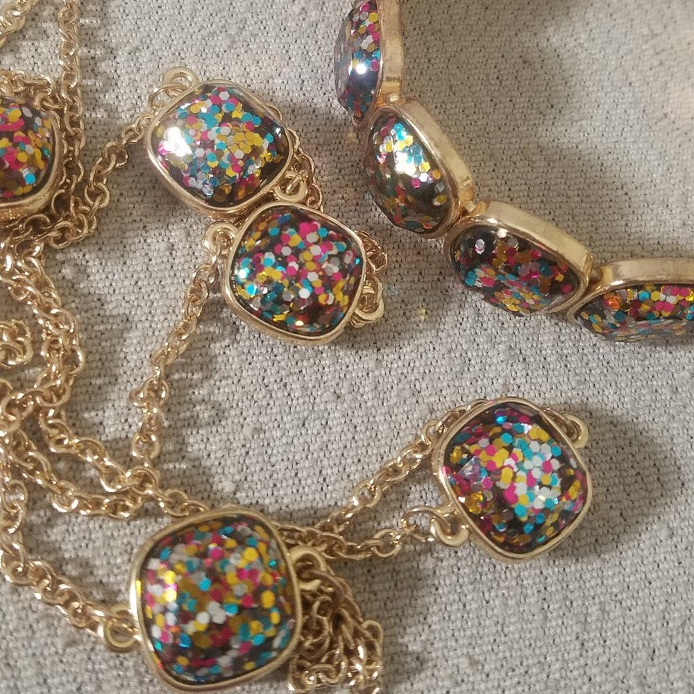 36" Necklace w/Glitter Beads & Matching Bracelet